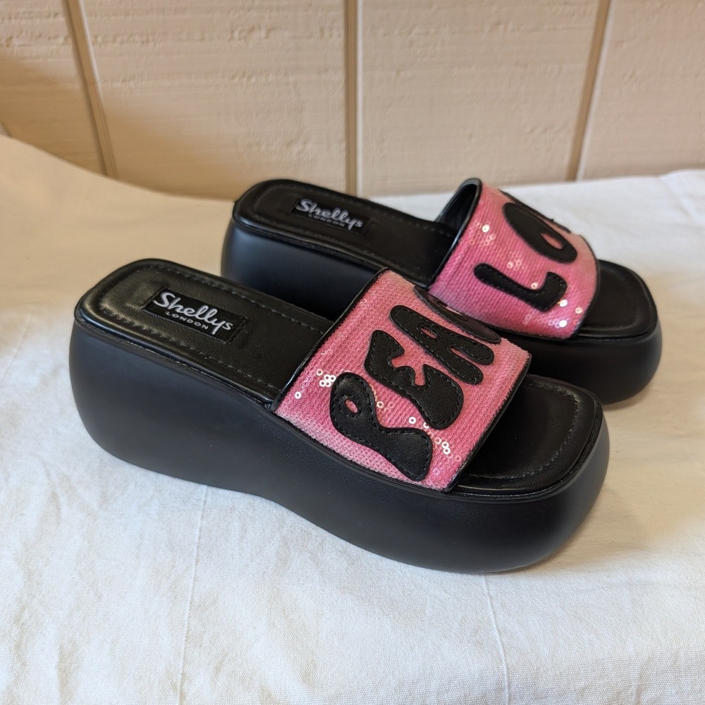 Shellys London Peace Love Pink Sequin Platform‎ Slide Sandals 38 Y2K